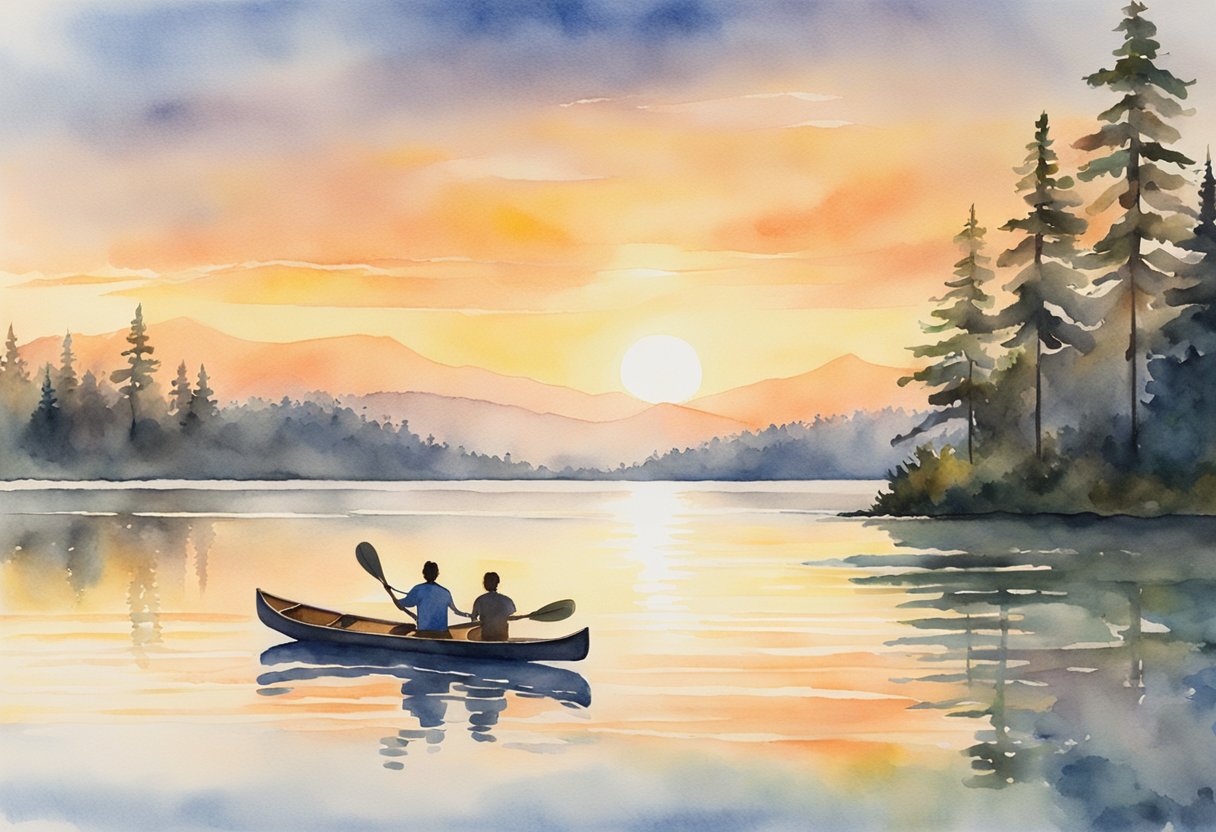 Two canoes on a calm lake, one paddler in each. The sun is setting, casting a warm glow over the water. Trees line the shore, and a gentle breeze ripples the surface