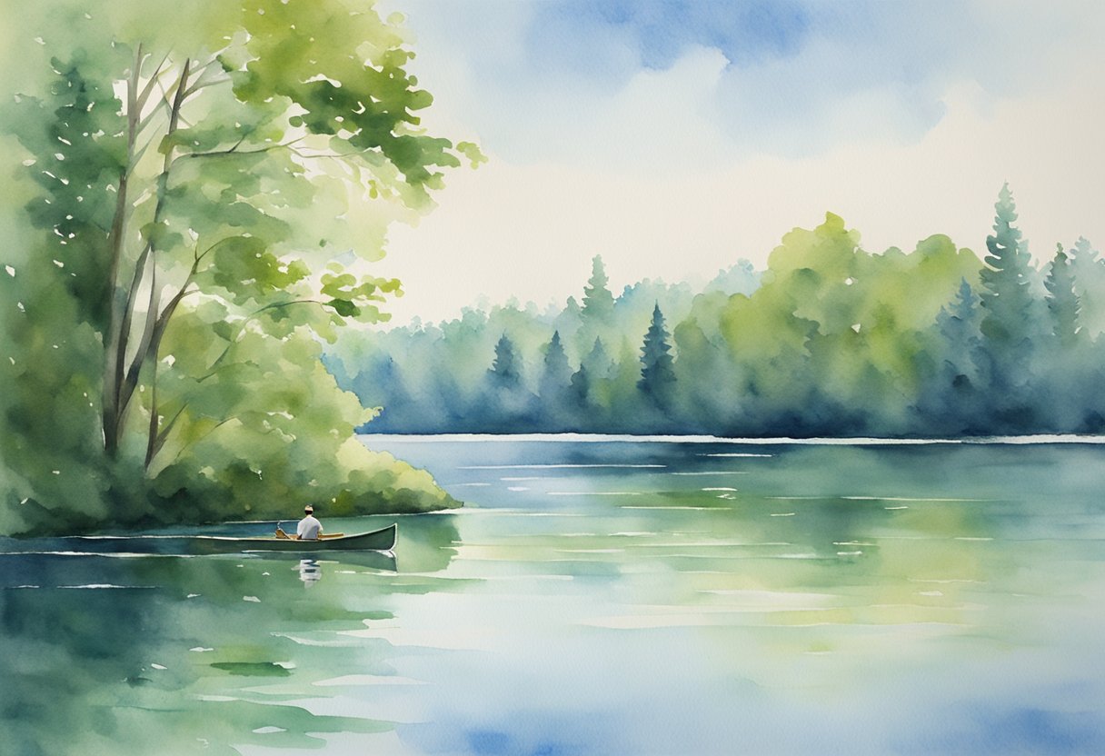 A serene lake with a lone canoe gliding across the water, surrounded by lush green trees and a clear blue sky overhead