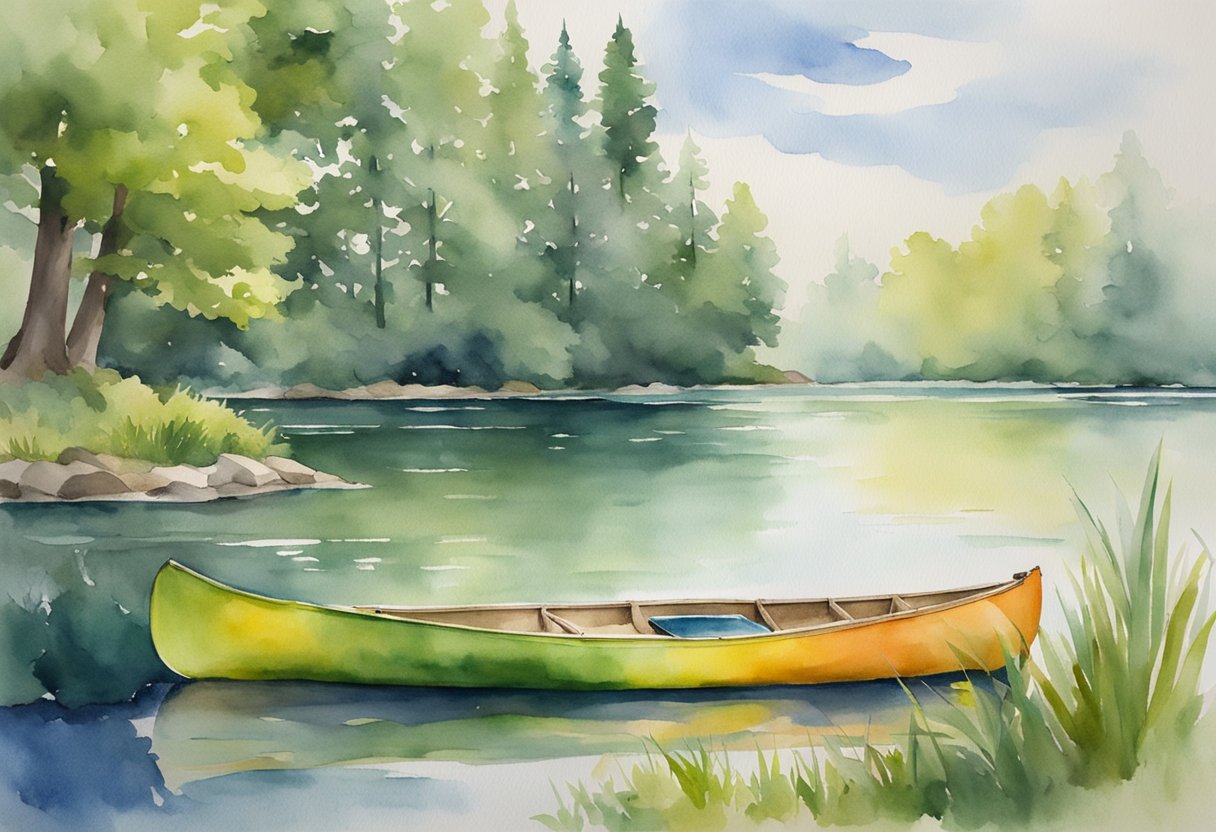 A calm lake surrounded by lush green trees, with a colorful canoe floating on the water and a beginner's guide book resting on the shore