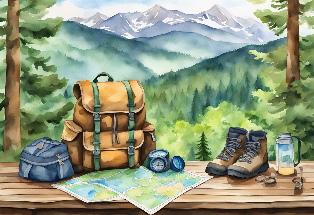 A backpack, hiking boots, map, and compass laid out on a wooden table with a lush forest and mountains in the background