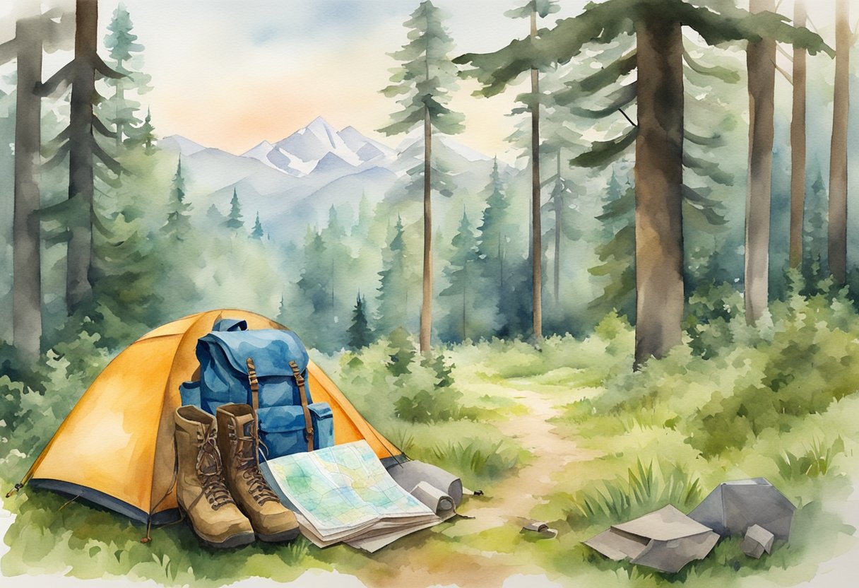 A backpack, hiking boots, map, compass, and tent laid out on a grassy clearing in a forest, with a trail leading into the distance