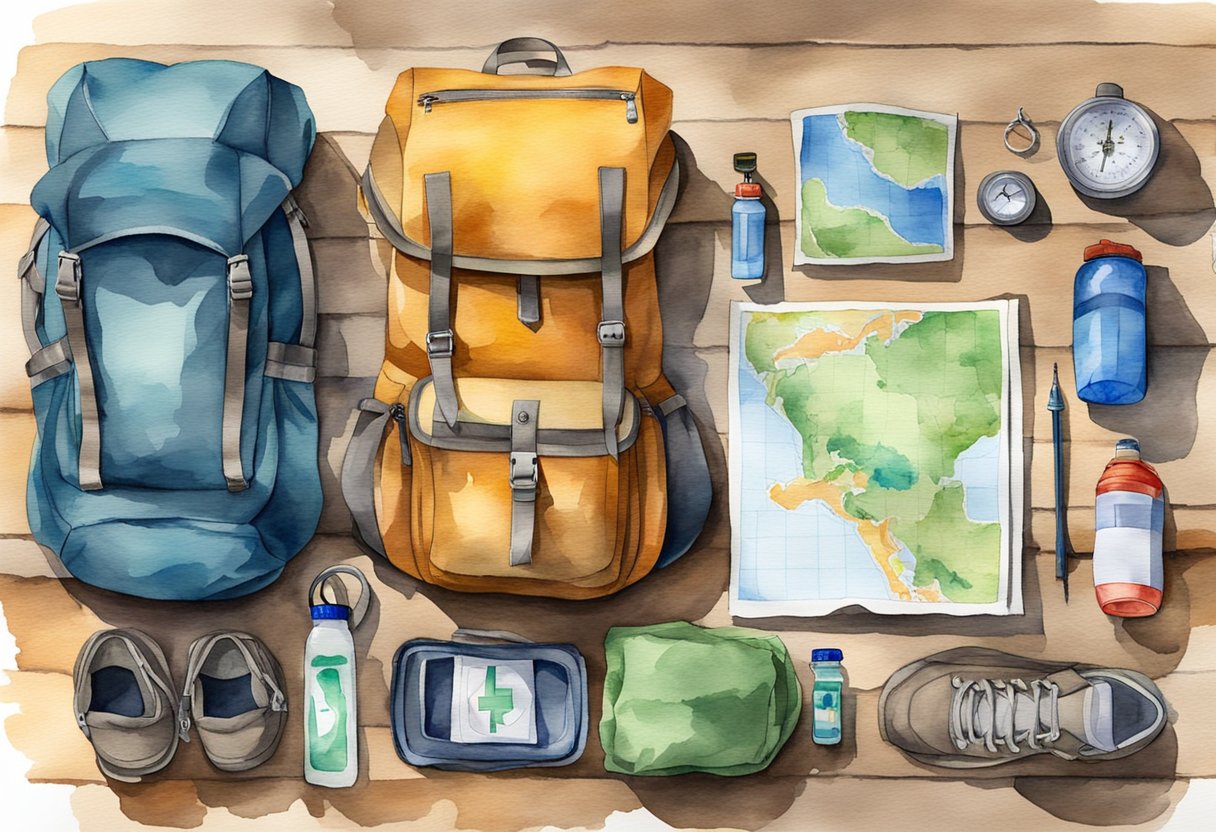 A backpack with a first aid kit, compass, map, flashlight, and water bottle laid out on a wooden table next to a hiking boot and a backpacking tent