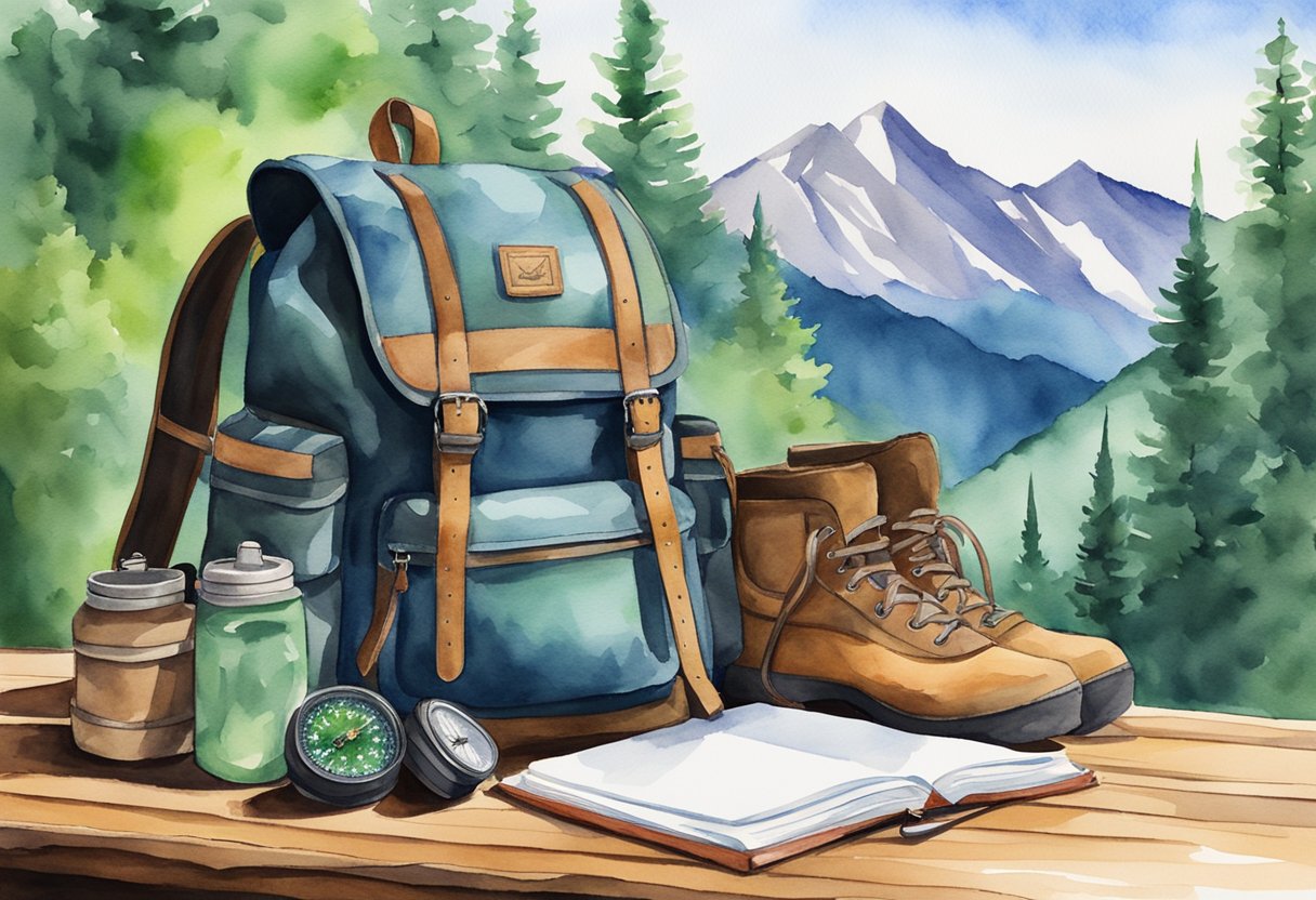 A backpack, map, compass, and hiking boots laid out on a wooden table with a notebook and pen, surrounded by lush greenery and mountains in the background