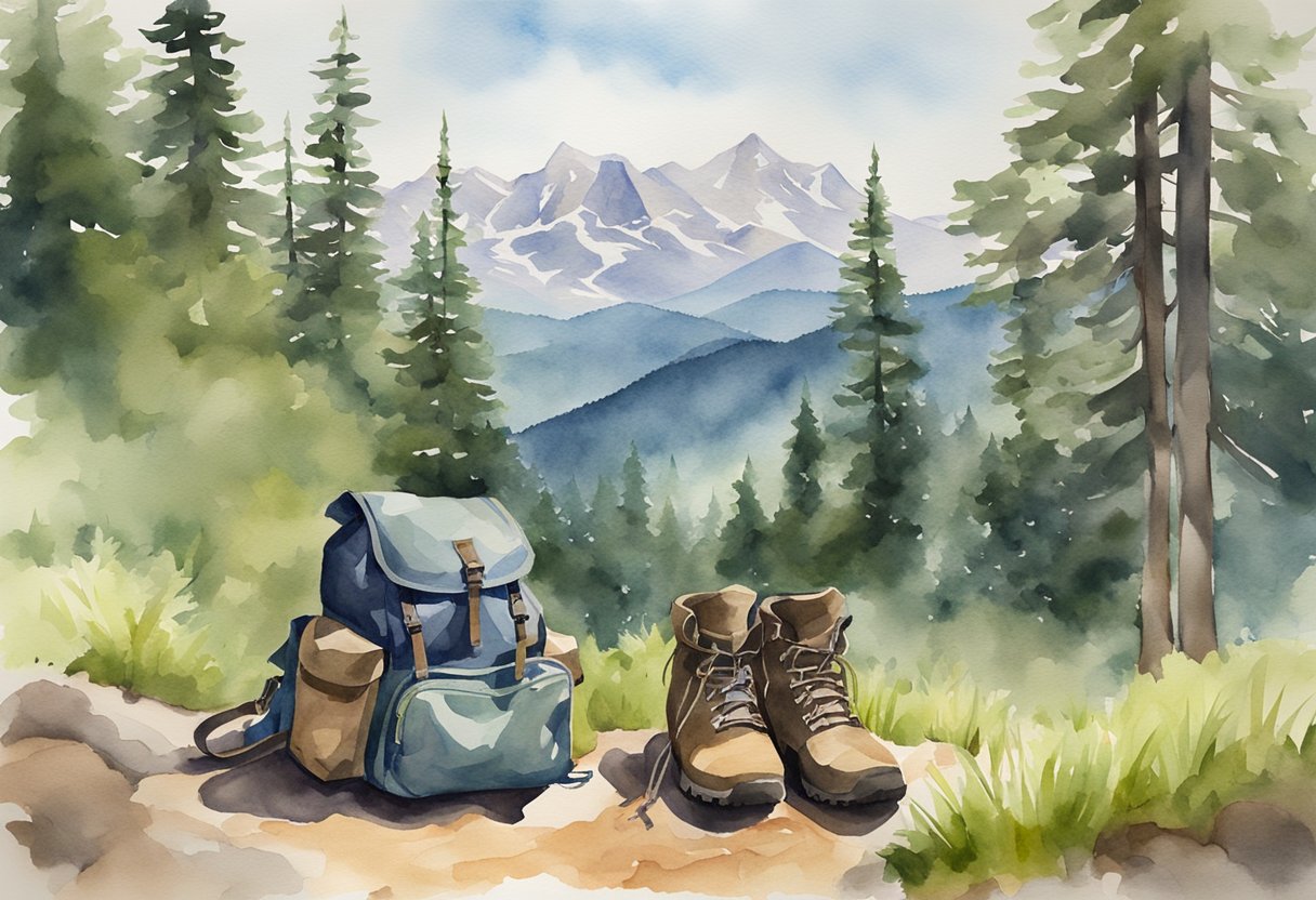 A backpack, hiking boots, map, and compass lay on a grassy trail surrounded by towering trees and distant mountains