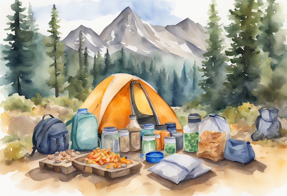 A backpacking scene with a tent, campfire, and various food items such as dehydrated meals, trail mix, and water bottles neatly organized in a backpack