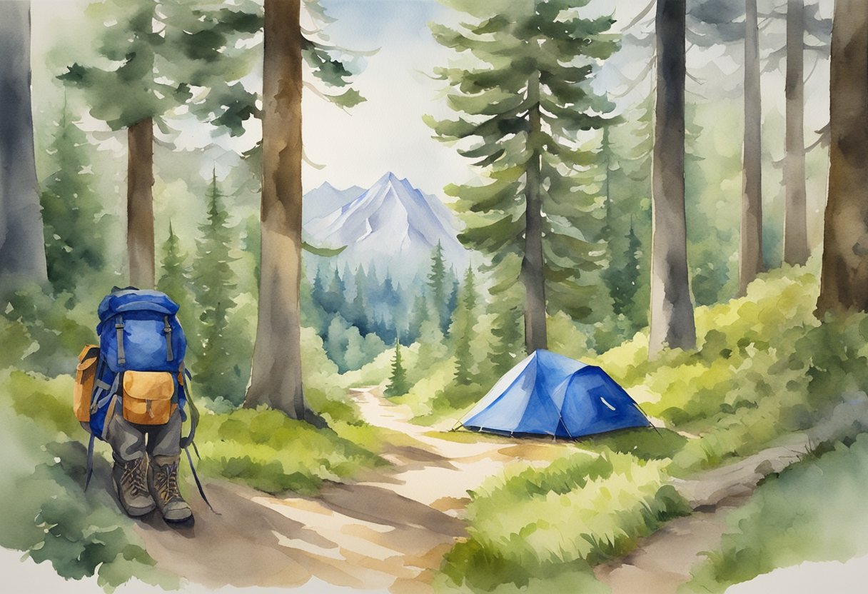 A backpack, hiking boots, tent, sleeping bag, compass, water bottle, and map laid out on a grassy clearing surrounded by towering trees and a winding trail