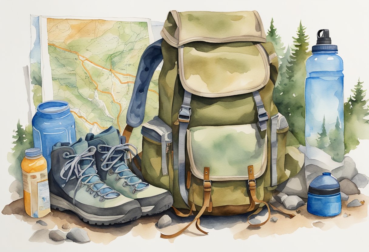 A backpack filled with camping gear and hiking boots placed next to a trail map and water bottle