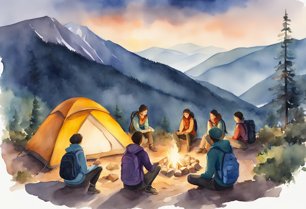 A group of backpackers gathered around a campfire, exchanging tips and stories. Tents and backpacks are scattered around, with a mountainous landscape in the background