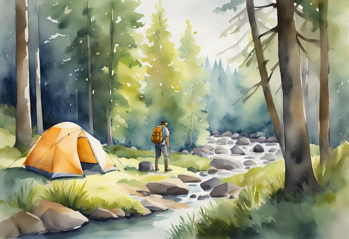 A backpacker setting up a tent in a forest clearing, surrounded by trees and a babbling brook