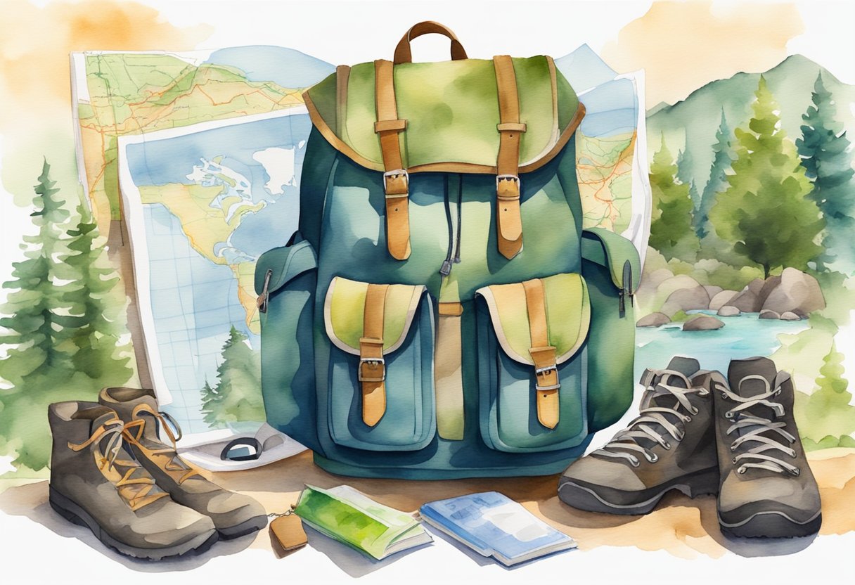 A backpack with hiking gear laid out next to a map and guidebook, surrounded by nature and outdoor elements