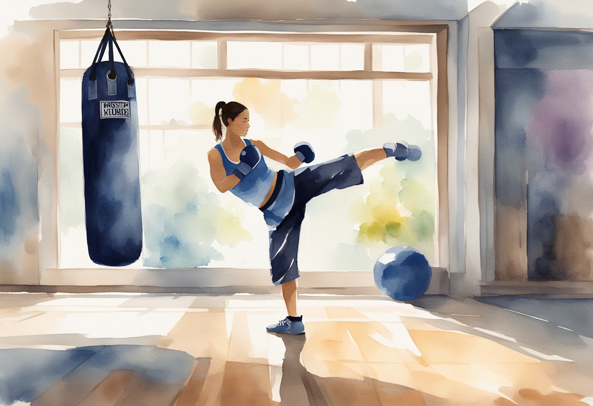 A person practicing basic kickboxing techniques in a well-lit gym, with a punching bag and training equipment in the background