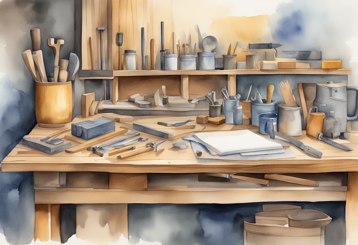 A cluttered workbench with a variety of woodworking tools, a notebook with project sketches, and a stack of wood planks