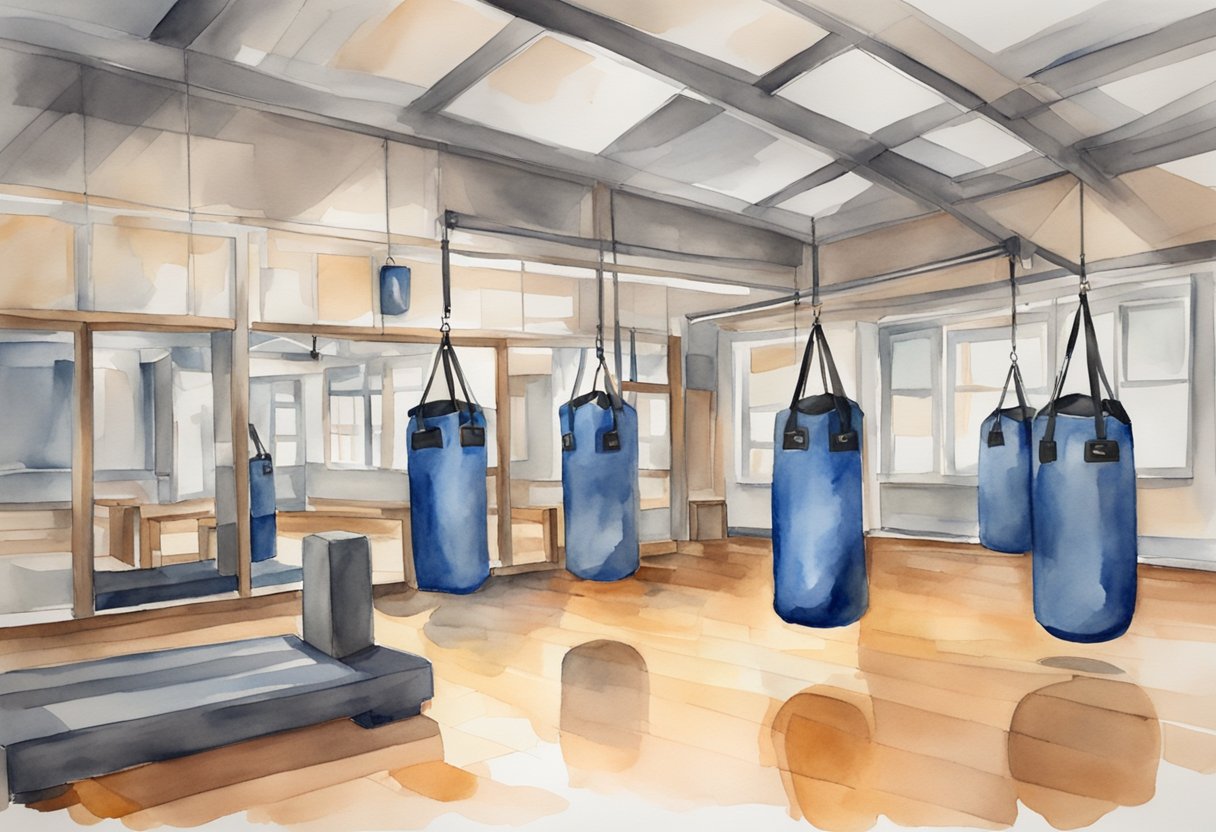 A kickboxing gym with punching bags, mats, and equipment. A beginner practicing basic moves with an instructor