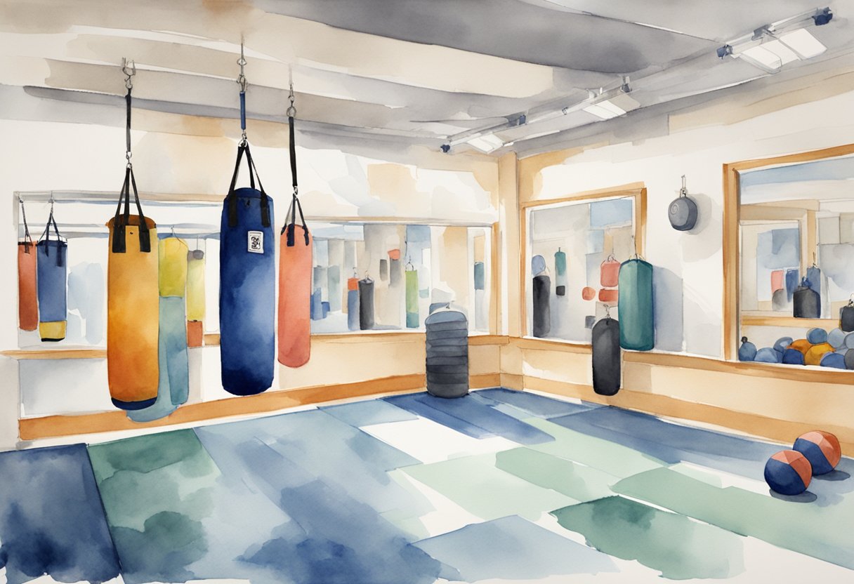 A kickboxing class in a well-lit studio, with a punching bag hanging from the ceiling and various equipment neatly organized along the walls