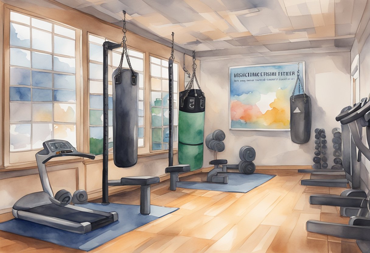 A kickboxing gym with a beginner's guide poster on the wall, equipment neatly organized, and a motivational quote displayed