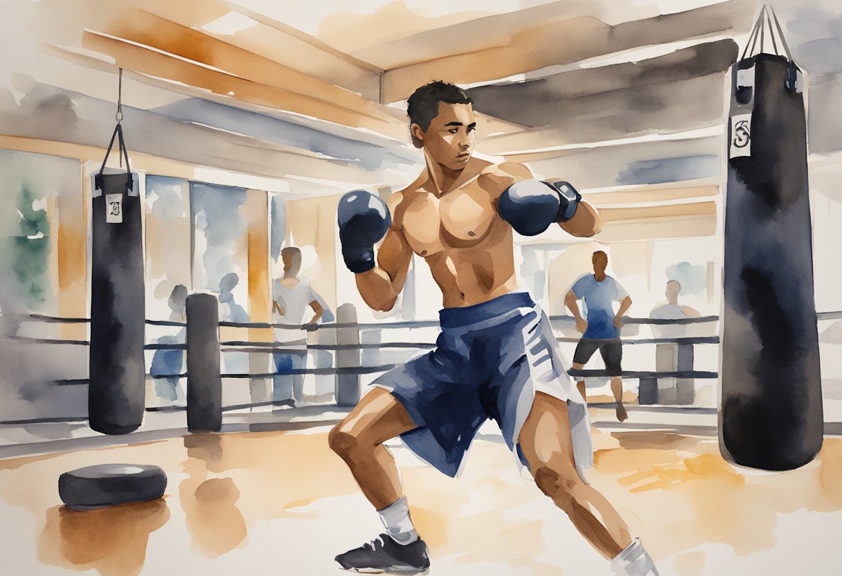 A person practicing kickboxing in a gym, surrounded by punching bags and exercise equipment, with a focused and determined expression on their face