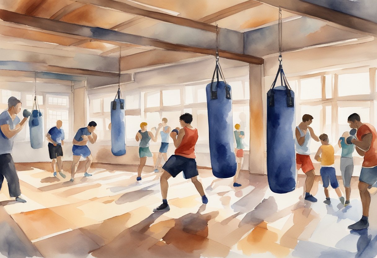 A kickboxing class in a spacious gym, with a punching bag, exercise mats, and a group of beginners practicing kicks and punches