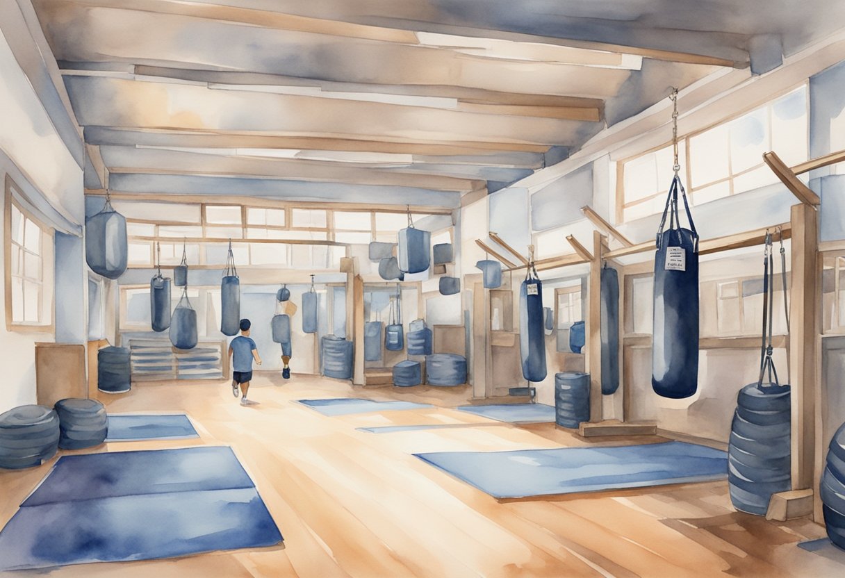 A kickboxing gym with equipment neatly organized, safety posters on the walls, and beginners practicing basic moves under the guidance of an instructor