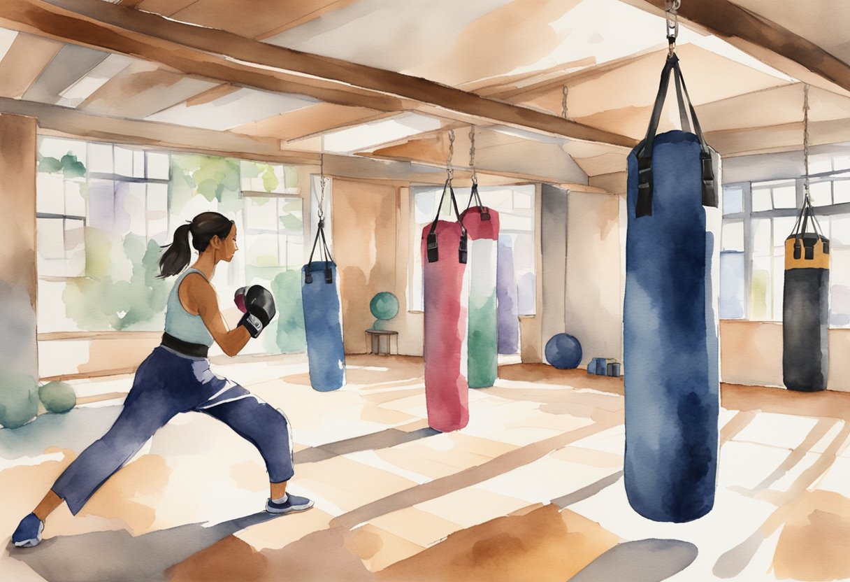 A person practicing kickboxing techniques in a well-lit gym with punching bags and exercise equipment