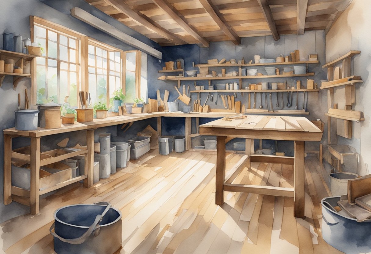 A well-lit workshop with a variety of hand tools, wood planks, and a workbench with a half-finished project. Sawdust scattered on the floor