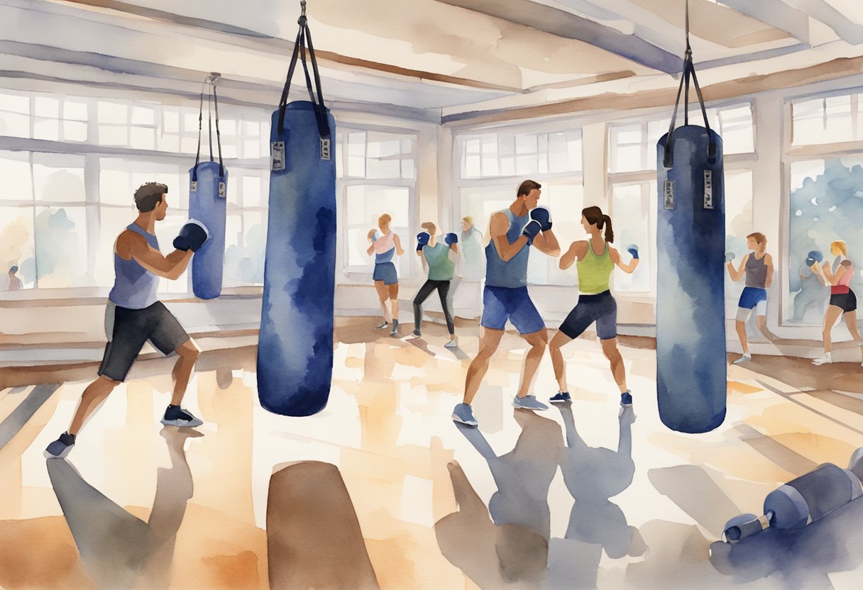 A group of people in workout attire practicing kickboxing in a spacious, well-lit gym with punching bags and exercise equipment