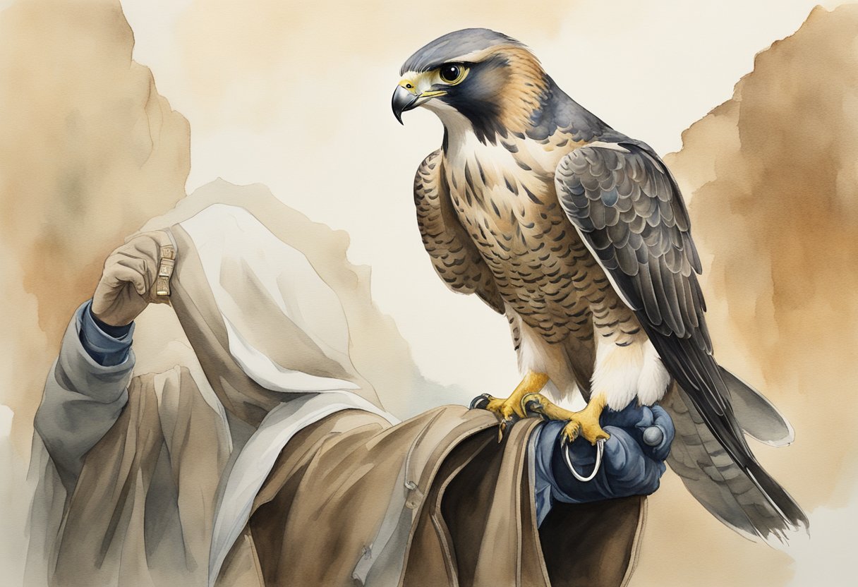 A falcon perched on a gloved hand, with a leather hood and jesses, surrounded by a landscape of rolling hills and a clear blue sky