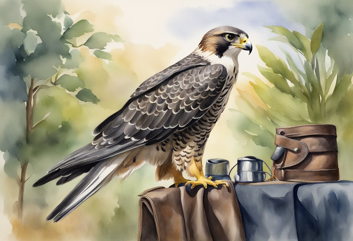 A falcon perched on a leather glove, with a hood over its head, surrounded by a variety of falconry equipment and a lush natural background