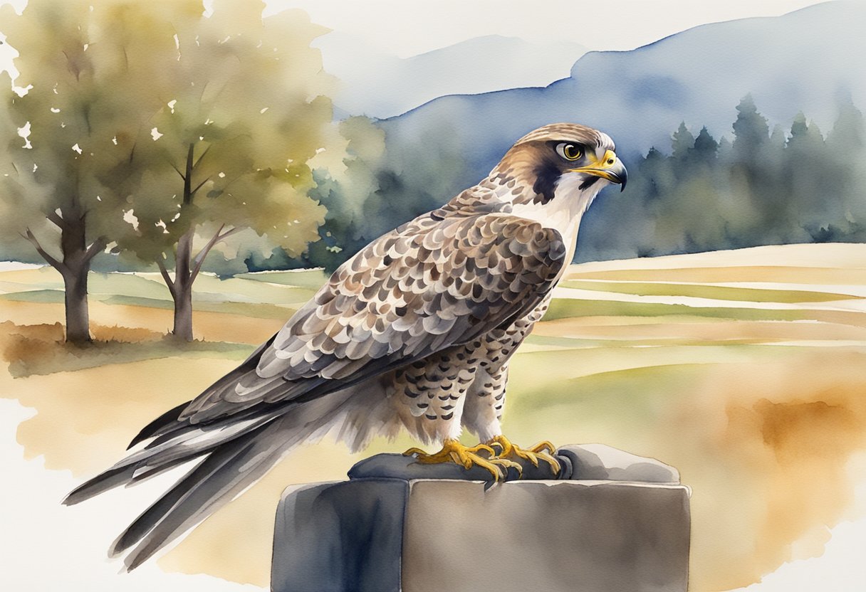 A falcon perched on a leather glove, surrounded by trees and open fields, with a hood and jesses visible