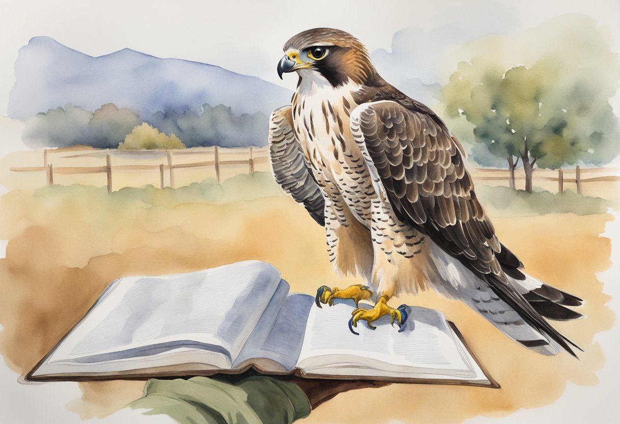 A falcon perched on a gloved hand, while a person points to a beginner's guide book on falconry