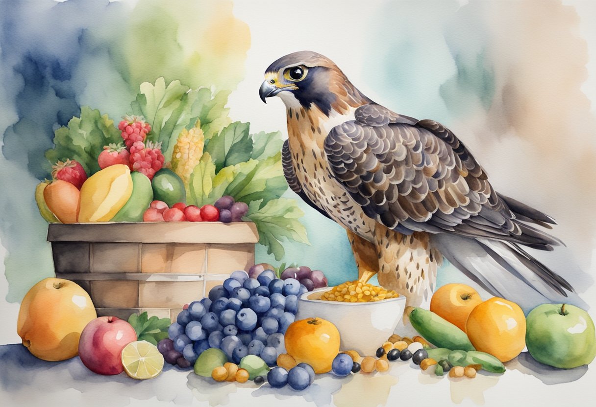 A falcon perched on a gloved hand, surrounded by a variety of healthy foods and supplements for falconry training