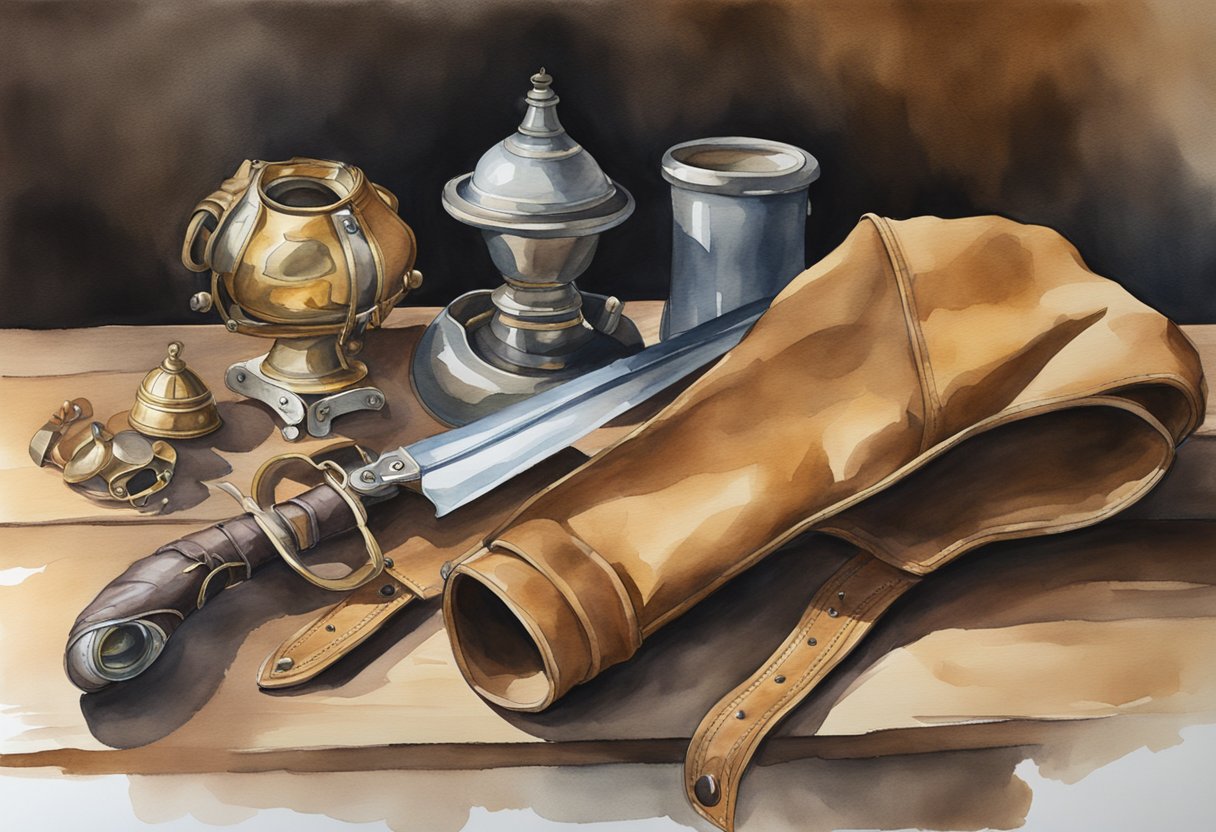 A falconry glove, jesses, and a hooded leather hood lay on a wooden table next to a leather gauntlet and a small bell