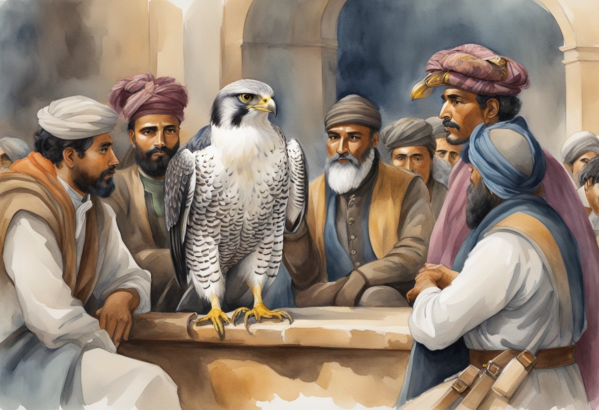 A falcon perched on a leather glove, surrounded by a group of falconers in traditional attire, exchanging knowledge and discussing falconry techniques