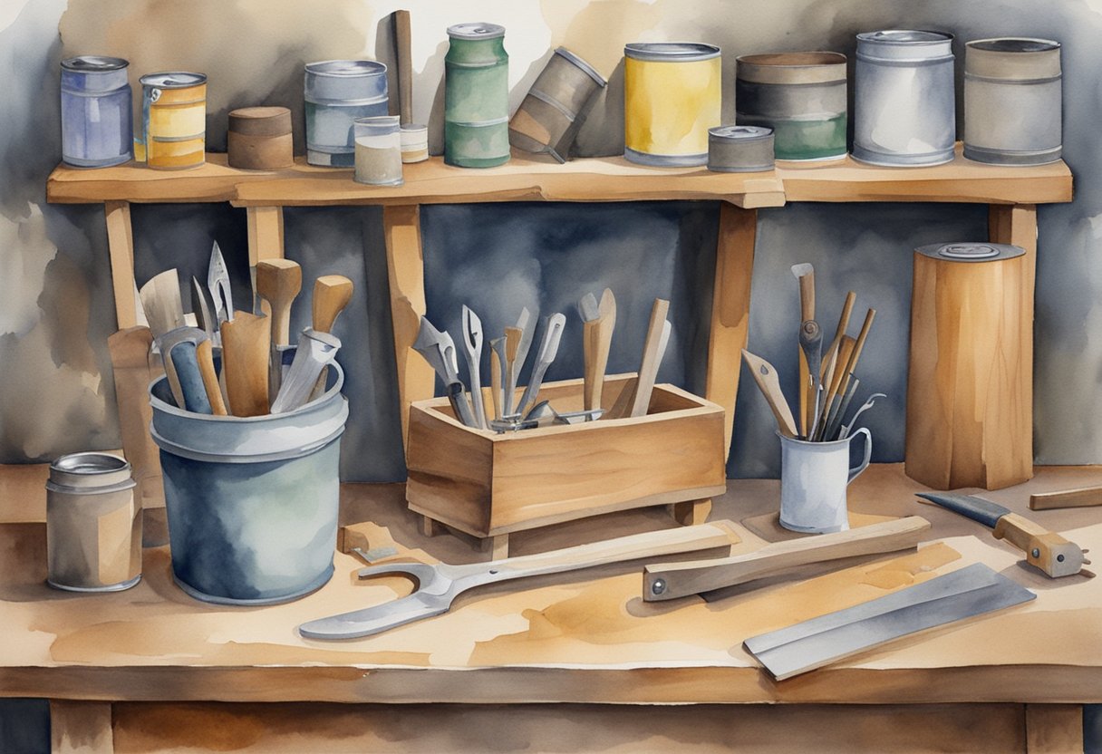 A workbench cluttered with woodworking tools, including saws, chisels, hammers, and clamps. A wooden stool sits nearby, and a shelf holds cans of wood polish and oil