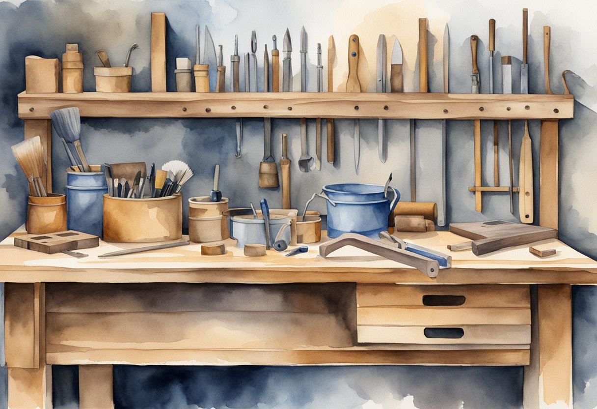 A workbench with various essential woodworking tools neatly organized and ready for use