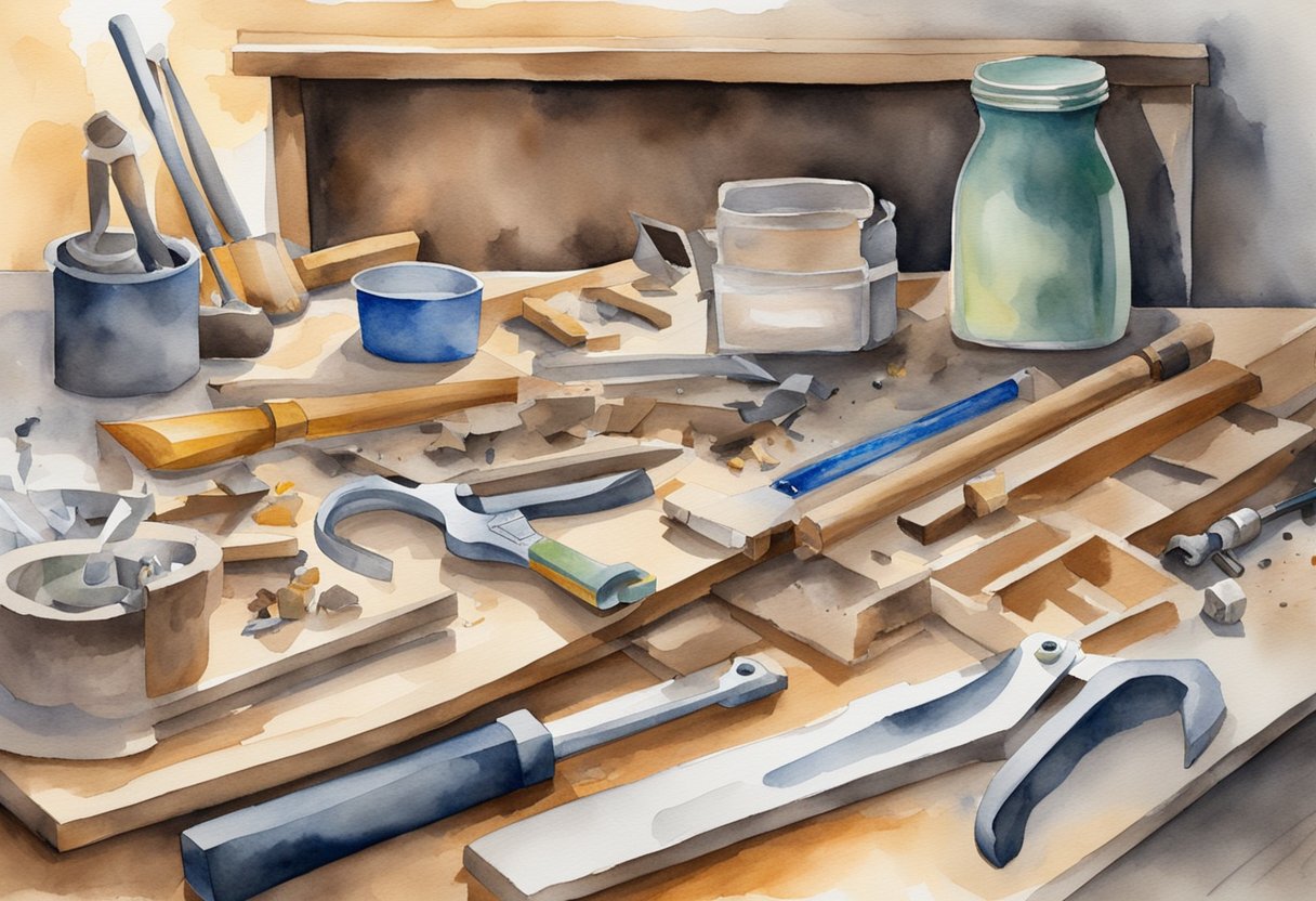 A cluttered workbench with various hand tools, wood pieces, and a beginner's guide to woodworking. Sawdust and shavings scattered around