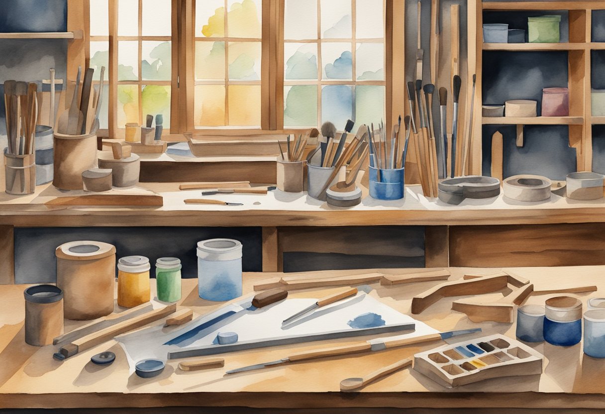 A woodworking workshop with a variety of finishing tools and materials laid out on a workbench, including sandpaper, stain, and brushes