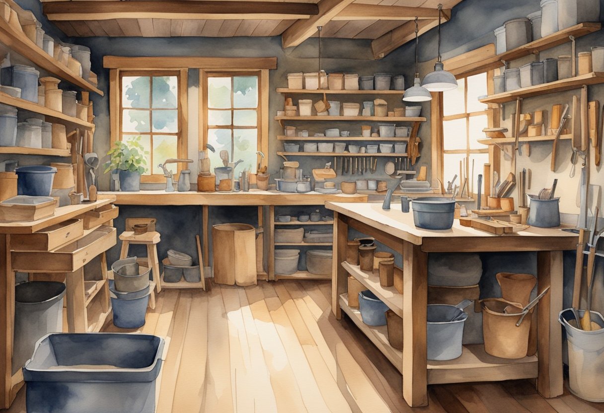 A cozy, well-lit workshop with a sturdy workbench, hanging tools, and shelves stocked with various types of wood and woodworking equipment