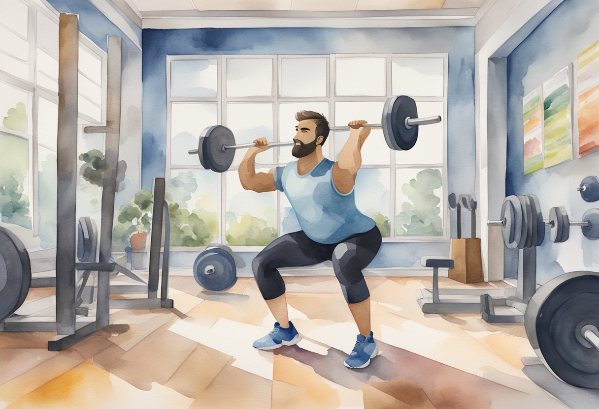 A person lifting weights in a gym, surrounded by various exercise equipment and motivational posters