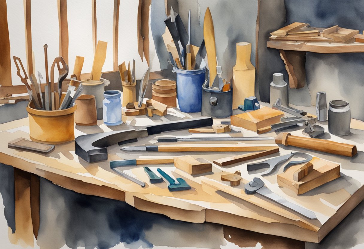 A cluttered workbench with various woodworking tools and materials, including saws, chisels, clamps, and wood scraps. A book titled "Woodworking Basics" lies open nearby