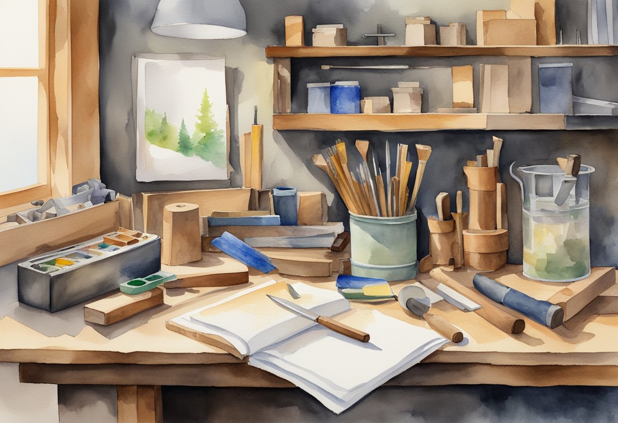 A cluttered workbench with various woodworking tools, a stack of lumber, and a beginner's guide book open to the "Frequently Asked Questions" section