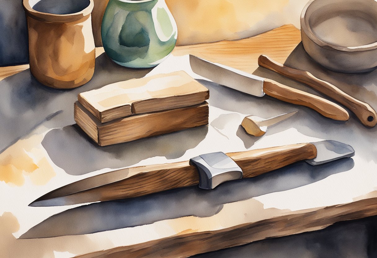 A wooden carving knife, a block of wood, and a beginner's whittling book on a rustic table in a cozy, sunlit workshop