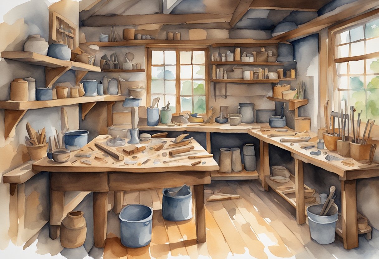 A cozy workshop with a wooden workbench and a variety of whittling tools laid out, surrounded by shavings and small wood carvings