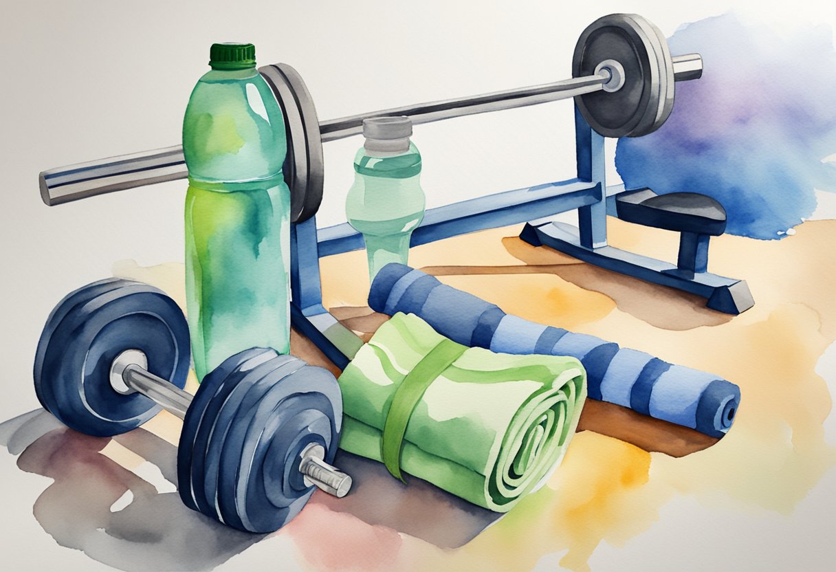 A weight bench with a barbell, dumbbells, and resistance bands. A water bottle and towel nearby