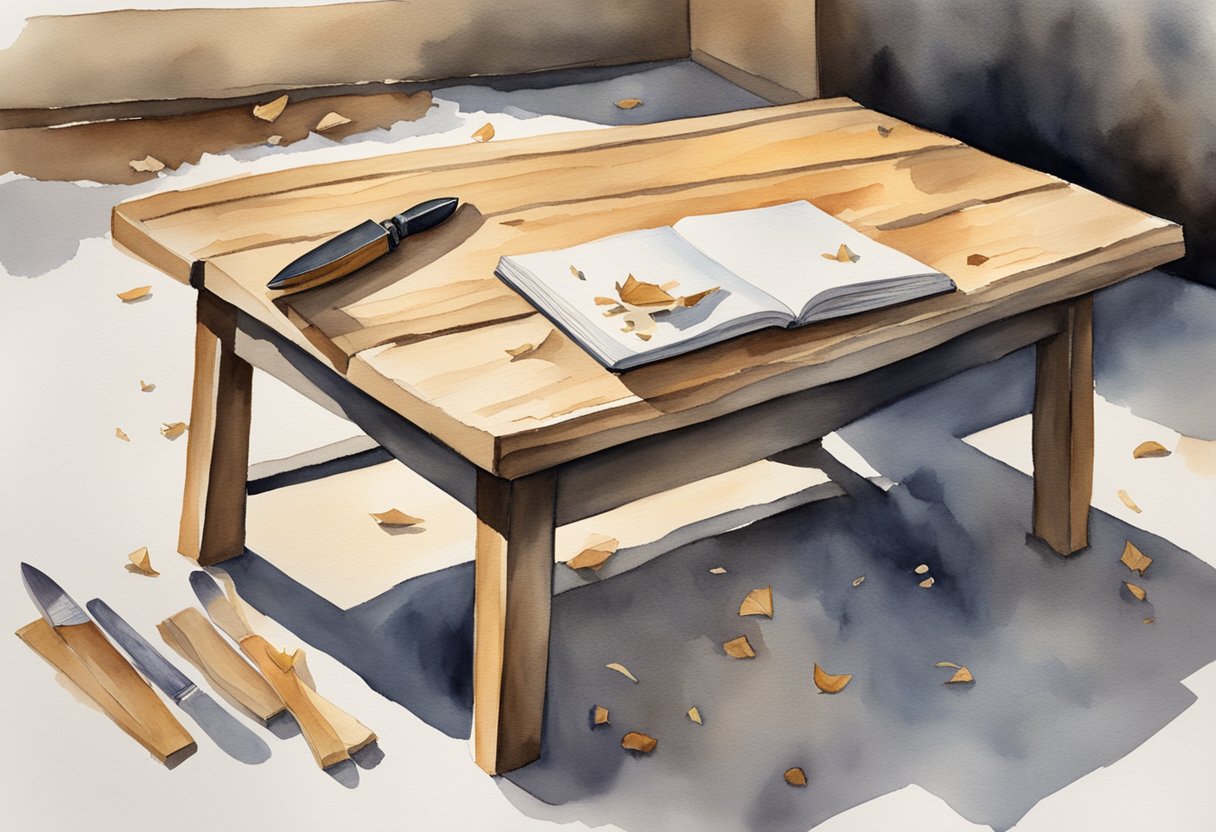 A wooden bench with a small knife, block of wood, and wood shavings scattered around. An open book on the ground with "Whittling for Beginners" on the cover