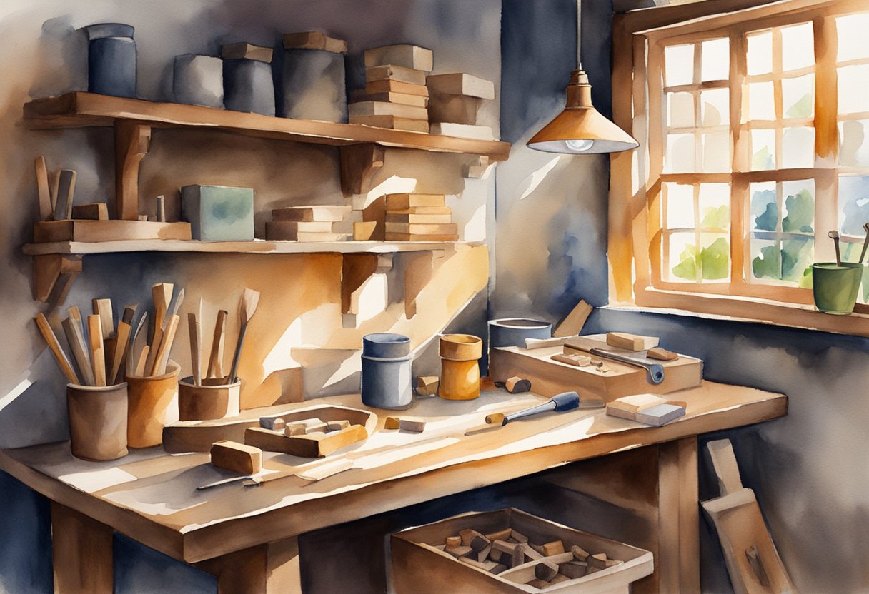 A cozy workshop with a wooden workbench, various whittling tools, and a stack of wood blocks. Sunlight streams in through a window, casting a warm glow on the scene