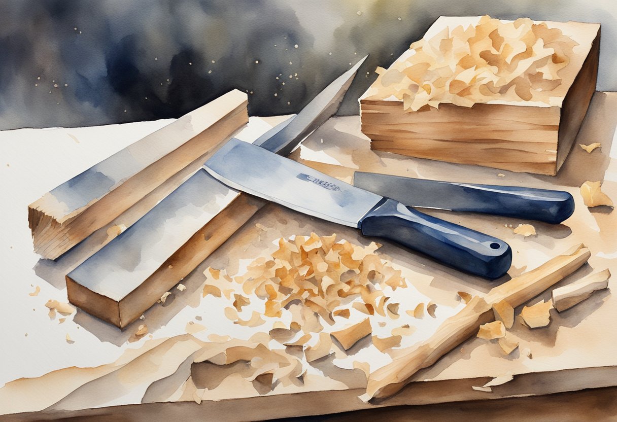 A wooden carving knife, a block of wood, and wood shavings scattered on a workbench