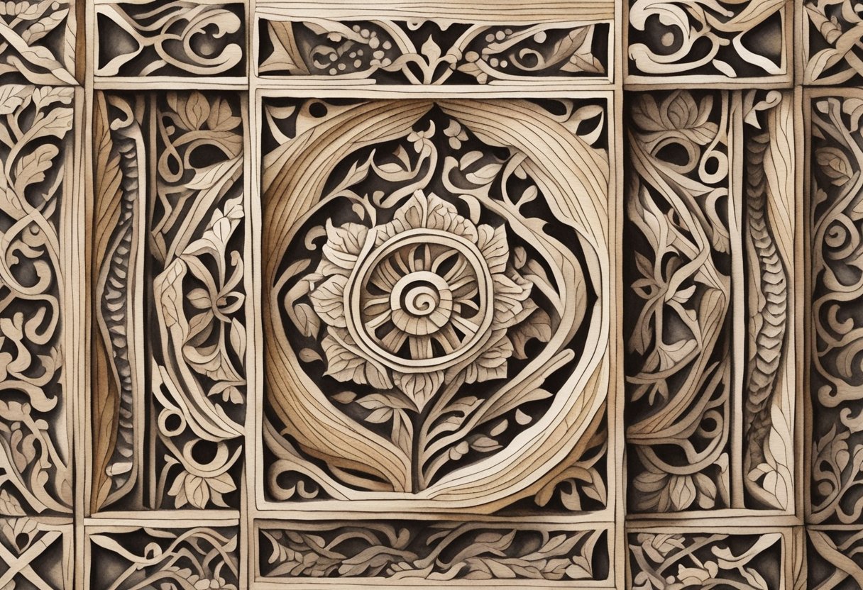 A wooden block being meticulously carved with intricate patterns and designs using a variety of whittling tools