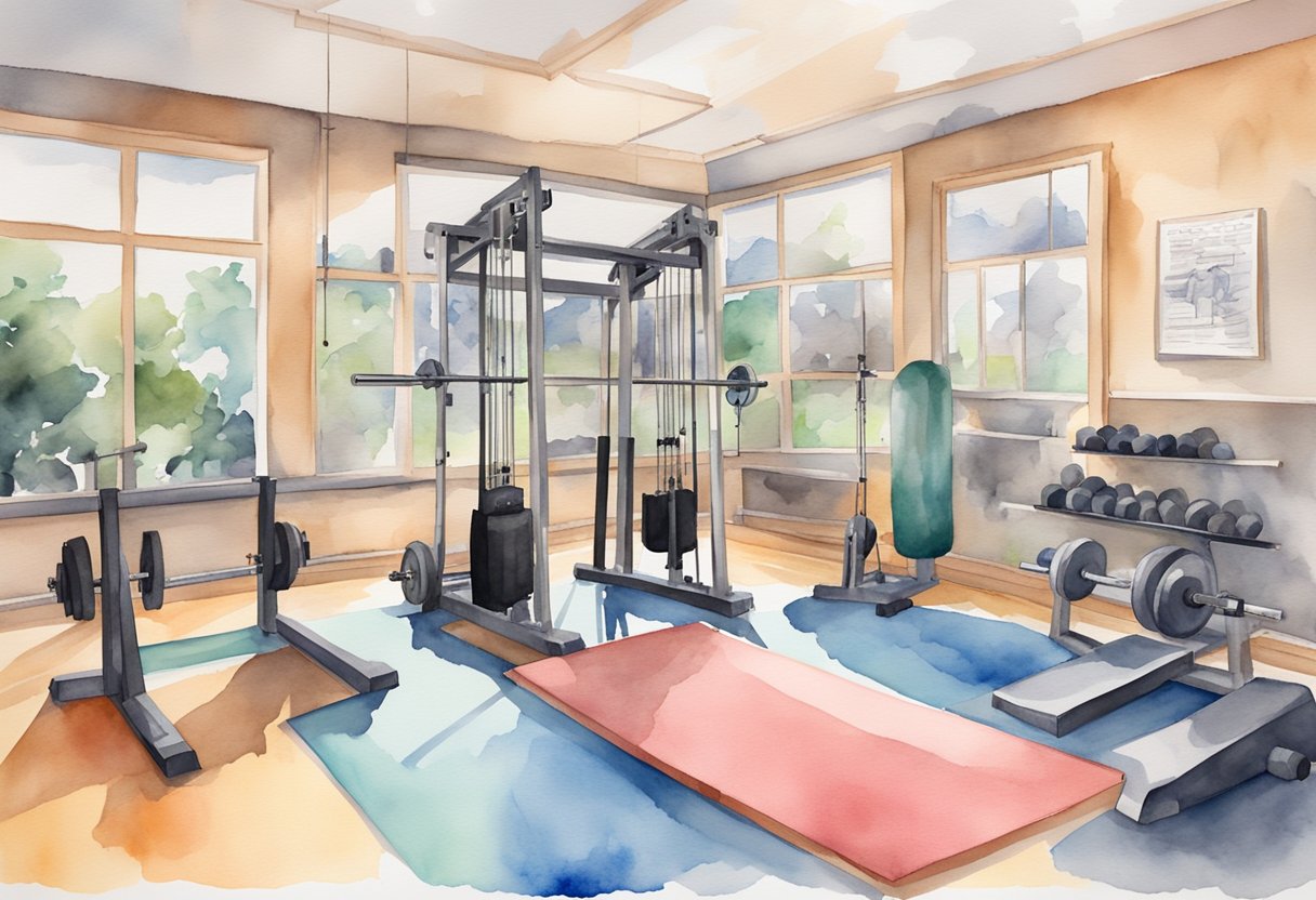 A gym with various weightlifting equipment, including dumbbells, barbells, and weight machines, surrounded by motivational posters and fitness magazines