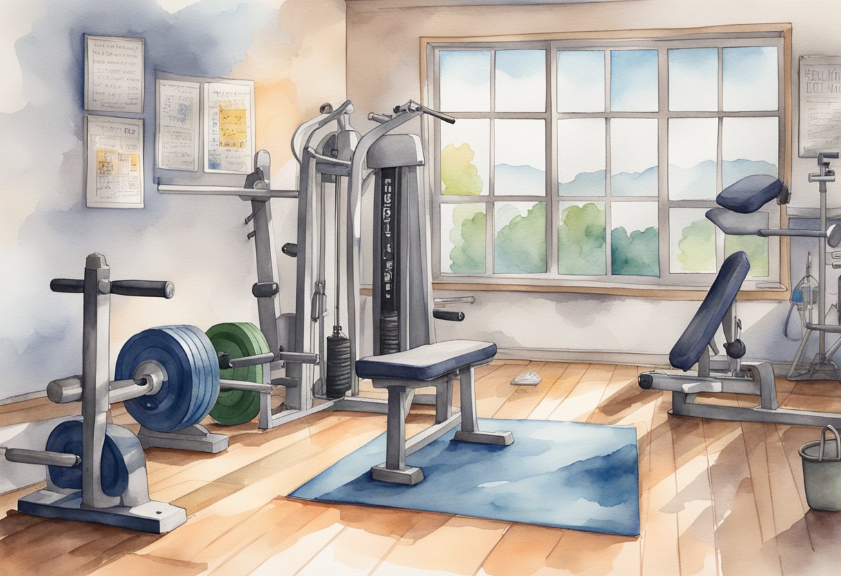 A weight bench surrounded by various gym equipment and motivational posters, with a notebook and pen on the floor