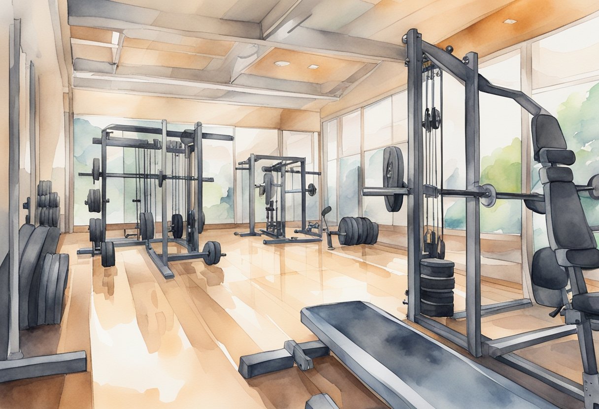 A gym with various weightlifting equipment and machines arranged neatly, with motivational posters on the walls and a mirror for self-reflection